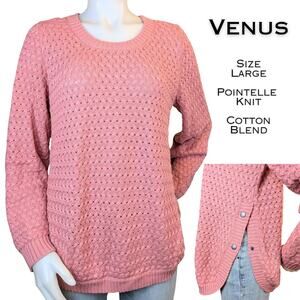 Venus Sweater Large Pink Pointelle Basket Weave Knit Pullover Side Snap Curved